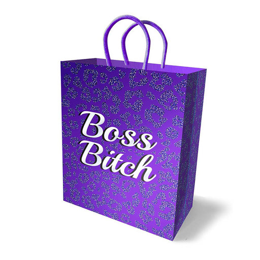 Purple gift bag with glittery leopard print and bold white "Boss Bitch" text, featuring sturdy woven handles.