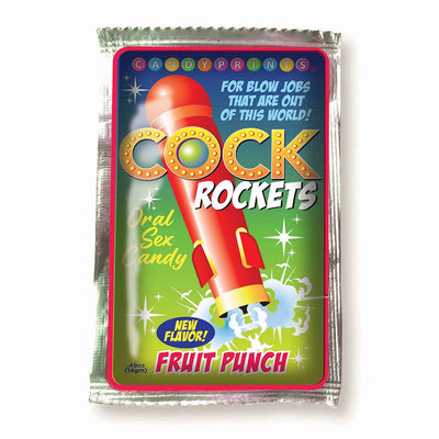 Fruit Punch flavored Cock Rockets oral sex candy pack with colorful rocket design and playful text on foil packaging.