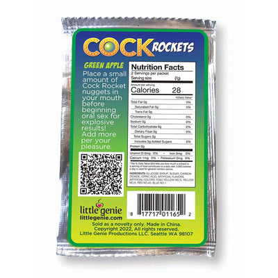 Back of green apple flavored Cock Rockets oral candy packet with nutrition facts and usage instructions.