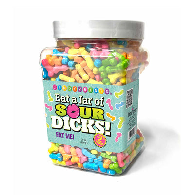 Clear jar filled with colorful sour candy shapes and a playful label reading Eat a Jar of Sour Dicks 2 lbs.