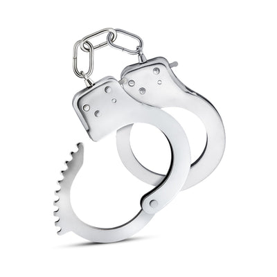Silver stainless steel beginner cuffs with linked chain and safety release lever, designed for comfortable bondage play.