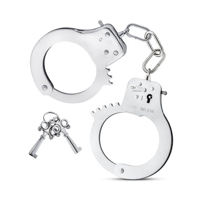 Silver stainless steel beginner cuffs with safety release lever and two matching keys on a white background