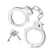 Silver stainless steel beginner cuffs with safety release lever and two matching keys on a white background