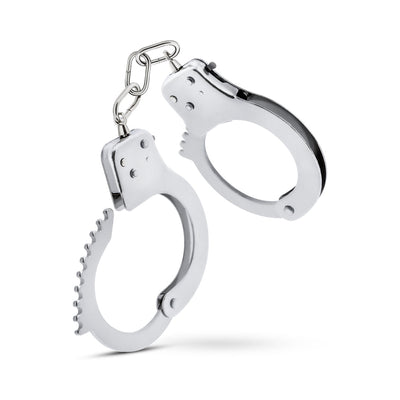 Temptasia Beginner Cuffs made of polished stainless steel with a linked chain and safety release mechanism.