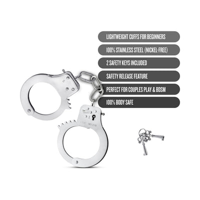 Temptasia Beginner Cuffs made of stainless steel with safety release and two keys, designed for comfortable beginner bondage play.