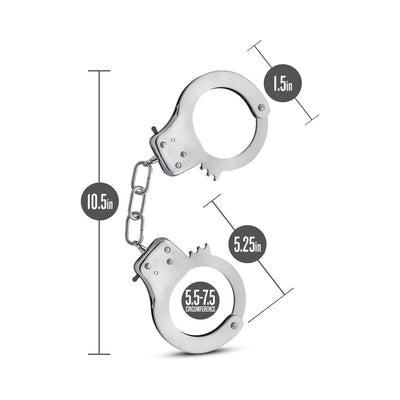 Temptasia Beginner Cuffs in stainless steel with chain, showing dimensions and adjustable wrist circumference.