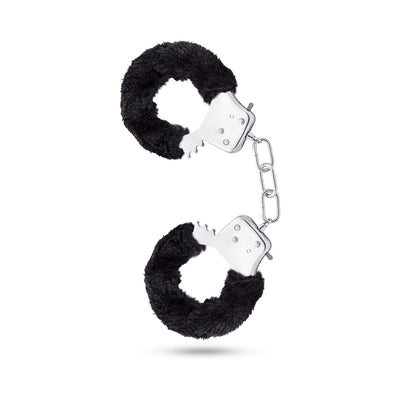 Temptasia Beginner Cuffs with black faux fur lining and stainless steel chain, designed for comfortable bondage play.