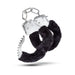 Pair of stainless steel handcuffs with removable black faux fur lining and safety release lever, linked by a short chain.