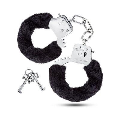 Pair of stainless steel handcuffs with removable black faux fur lining and two matching keys on a white background.