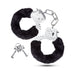 Pair of stainless steel handcuffs with removable black faux fur lining and two matching keys on a white background.