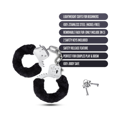 Temptasia Beginner Cuffs in stainless steel with removable black faux fur lining and two safety keys on white background.