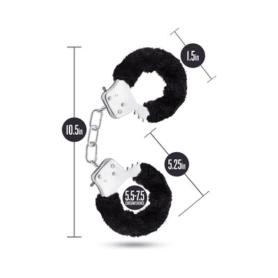 Temptasia Beginner Cuffs with black faux fur lining and stainless steel, showing dimensions and adjustable wrist circumference.