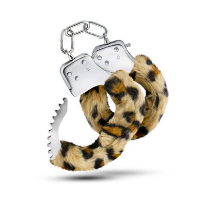 Stainless steel handcuffs wrapped in soft leopard print faux fur with a linked chain and safety release lever.