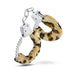 Temptasia Beginner Cuffs with leopard print faux fur lining and stainless steel locking mechanism on white background.