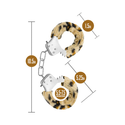 Leopard print faux fur covered stainless steel handcuffs with chain and size measurements on white background.