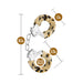 Leopard print faux fur covered stainless steel handcuffs with chain and size measurements on white background.