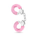 Pair of silver handcuffs with soft pink faux fur lining and a short chain connecting them, designed for beginner use.