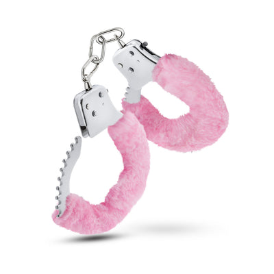 Temptasia Beginner Cuffs with soft pink faux fur lining and stainless steel adjustable locking mechanism.