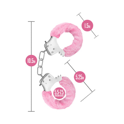 Pink fluffy beginner handcuffs with stainless steel chain and locking mechanism, shown with size dimensions.