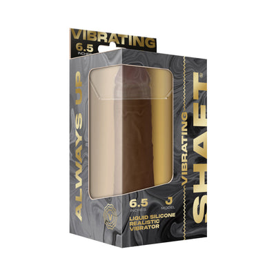 Packaging of Vibrating Model J 6.5" realistic liquid silicone vibrator in dark skin tone with gold and black design.