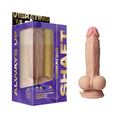 Realistic 7.5-inch vibrating model A in pine color with suction base and packaging box.