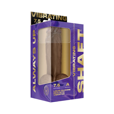 Vibrating Model A 7.5-inch realistic silicone vibrator in oak color packaged in purple and gold box with clear window.