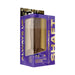 Vibrating Model A 7.5-inch realistic silicone vibrator in oak color packaged in purple and gold box with clear window.