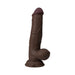 Realistic dark brown vibrating model with suction cup base and lifelike texture in downward curved shape.