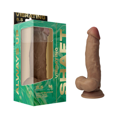 Realistic 8.5-inch vibrating silicone model N with suction base and packaging box with green and gold design