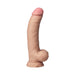 Realistic curved 9.5-inch vibrating silicone model with suction base in natural pine color.