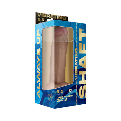 Vibrating Model C 9.5" realistic liquid silicone vibrator in pine color with packaging showing product details.