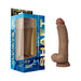9.5-inch realistic vibrating silicone model C with suction base next to its blue and gold packaging box.