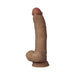 Realistic 9.5-inch vibrating dildo in oak color with suction cup base and lifelike texture.