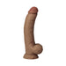 Realistic 9.5-inch vibrating silicone model C dildo in oak color with suction cup base.