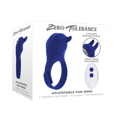 Blue adjustable silicone vibrating ring with two flexible tickling points and white remote control on product packaging box.