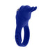 Blue adjustable silicone vibrating ring with dual flexible tickling points and button controls.