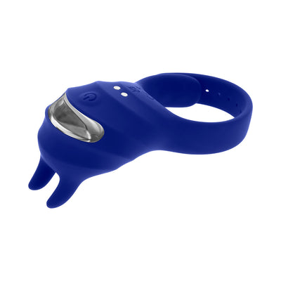 Blue adjustable silicone vibrating ring with dual flexible tickling points and control buttons on top.