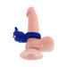 Blue adjustable vibrating ring with dual tickling points displayed on a realistic silicone model.