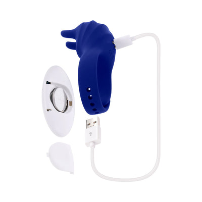 Blue adjustable silicone vibrating ring with remote control and USB magnetic charging cable on white background.