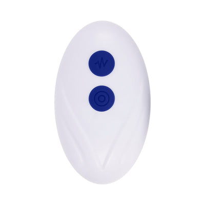 White oval remote control with two blue buttons for adjustable vibrating ring settings