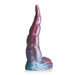 Iridescent red and blue silicone tentacle dildo with textured suckers and wide suction cup base.