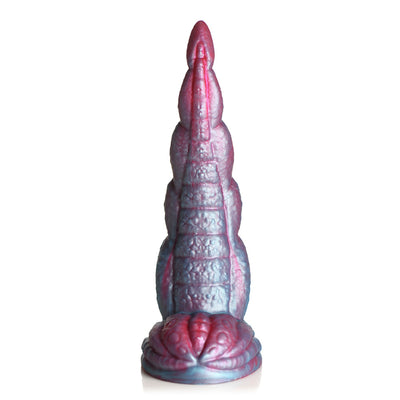 Iridescent red and blue silicone tentacle-shaped dildo with textured surface and wide suction cup base.
