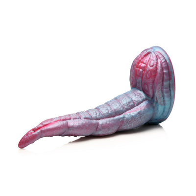 Iridescent red and blue silicone tentacle-shaped dildo with textured suckers and wide suction base on white background.