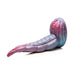 Iridescent red and blue silicone tentacle-shaped dildo with textured suckers and wide suction base on white background.