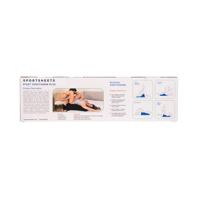 Packaging box of Sportsheets Pivot Positioner Plus showing product description, features, and positioning illustrations.