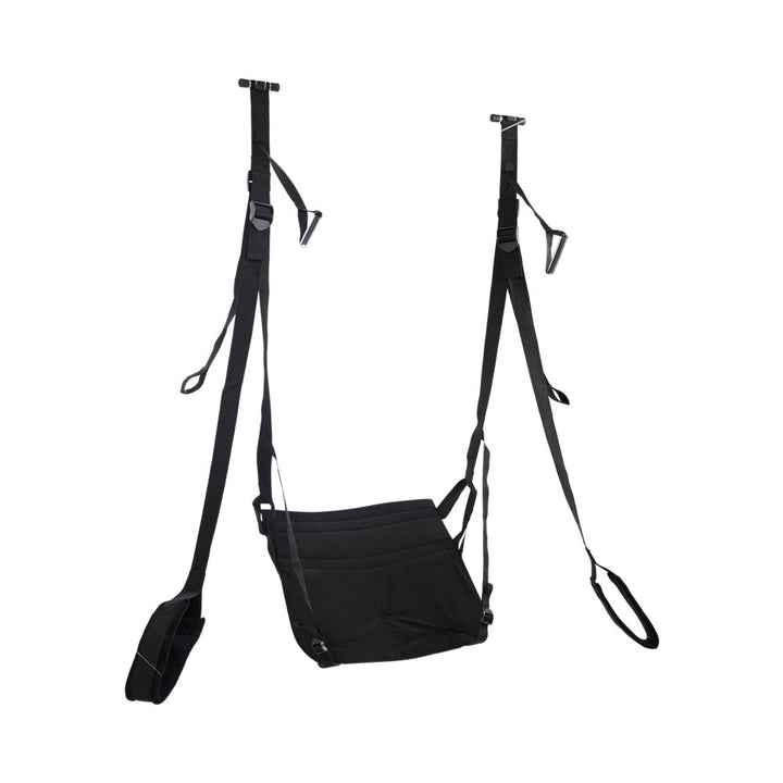 Black Sportsheets Pivot Deluxe Door Jam Swing with adjustable straps and padded seat for comfortable support.