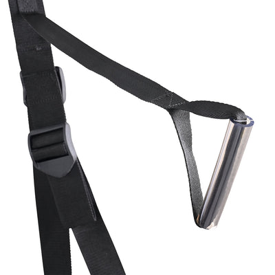 Close-up of black adjustable straps and metal support bar from the Sportsheets Pivot Deluxe Door Jam Sex Sling.