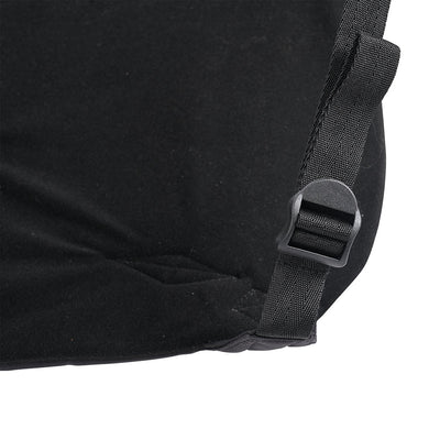 Close-up of black padded seat with adjustable strap and buckle detail on the Sportsheets Pivot Deluxe Door Jam Sling.