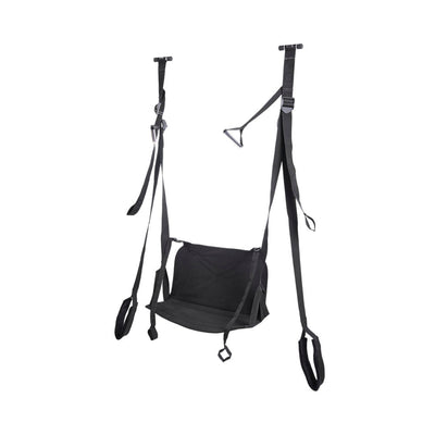 Black Sportsheets Pivot Deluxe Door Jam Sling with adjustable straps, padded seat, and foot loops for versatile support.