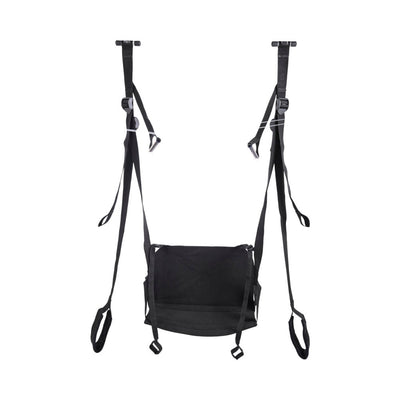 Black Sportsheets Pivot Deluxe Door Jam Sling with adjustable straps and padded seat for comfort and support.